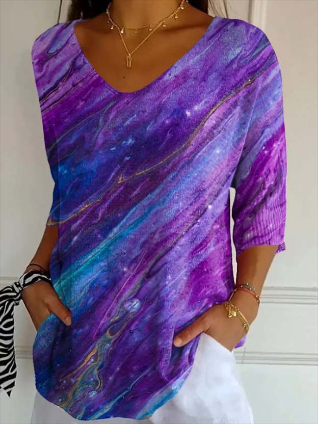 Women's Casual Retro Purple Art Striped T-Shirt