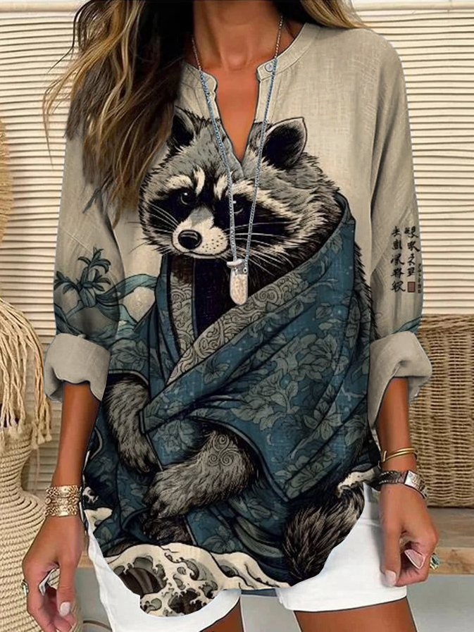Raccoon Rough Sea Waves Japanese Art Print Linen V-neck Shirt