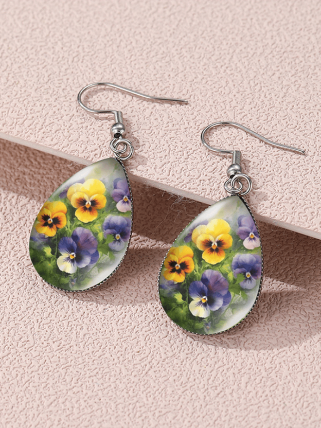 Purple Drop-Shaped Pansy Flower Design Earrings