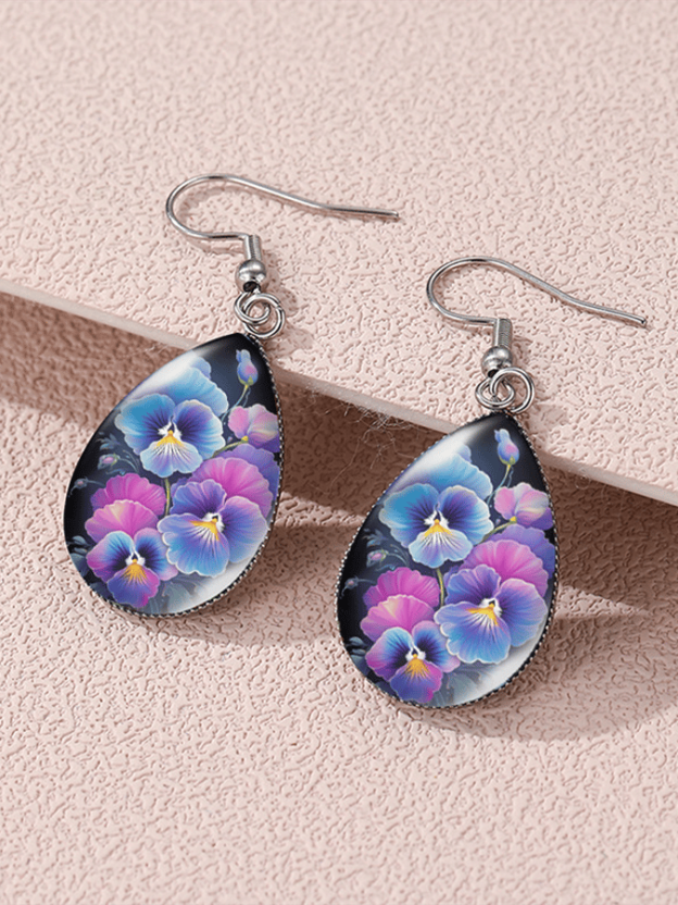 Purple Drop-Shaped Pansy Flower Design Earrings