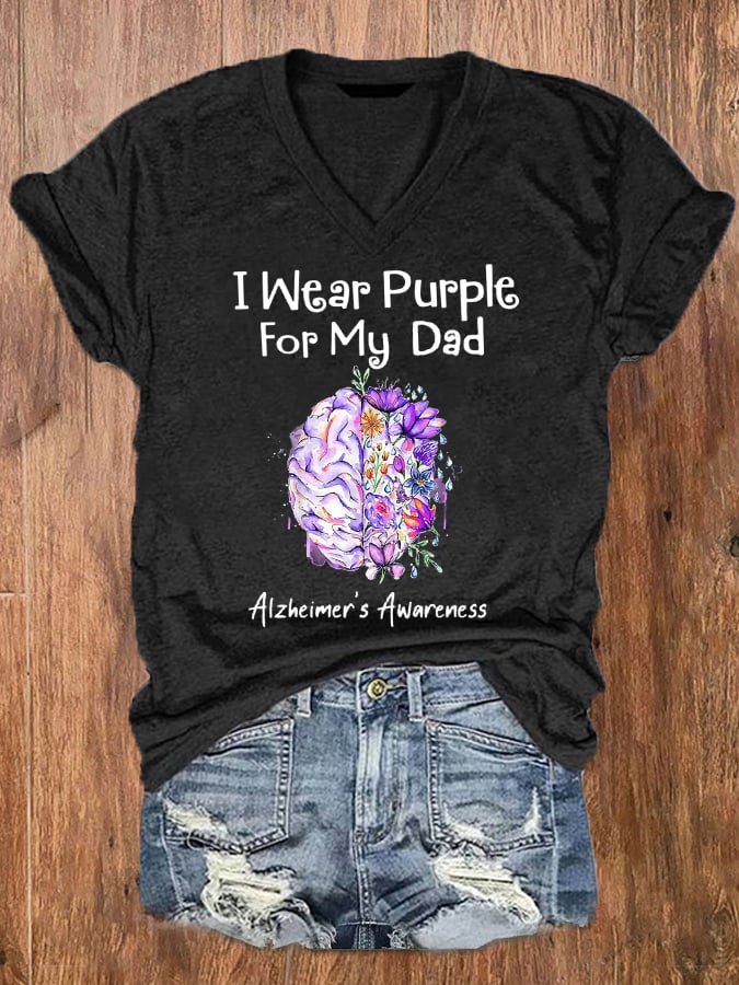 Women's I Wear Purple For My Dad Alzheimer's Awareness V-Neck Tee