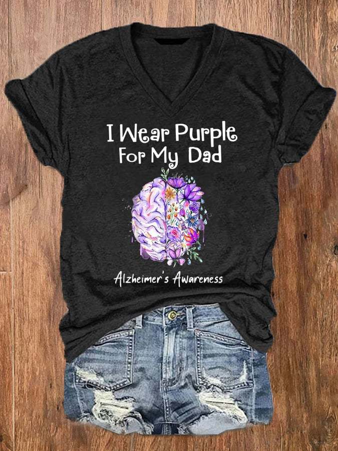 Women's I Wear Purple For My Dad Alzheimer's Awareness V-Neck Tee