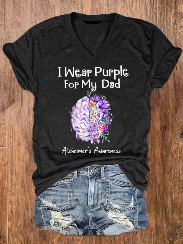 Women's I Wear Purple For My Dad Alzheimer's Awareness V-Neck Tee