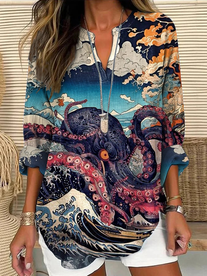 The Great Waves And Octopus Japanese Art Print Linen V-neck Shirt