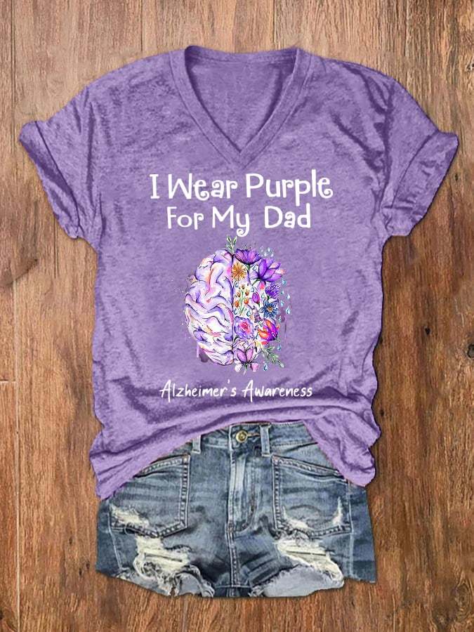 Women's I Wear Purple For My Dad Alzheimer's Awareness V-Neck Tee