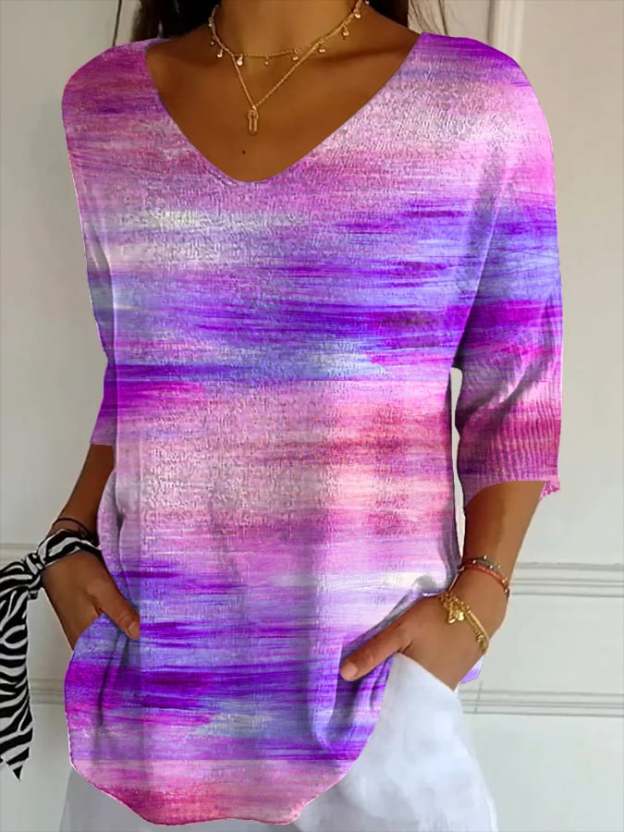 Women's Casual Retro Purple Art Striped T-Shirt