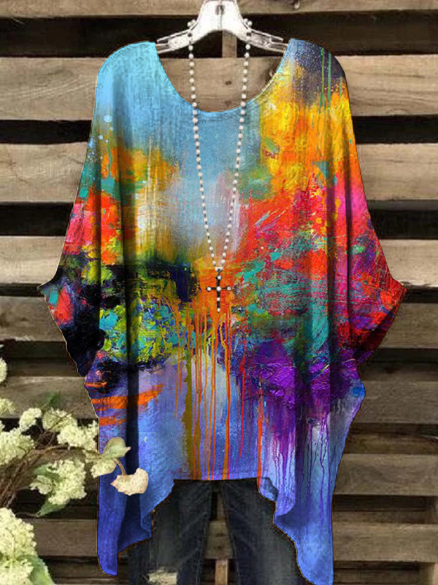 Women's Oil Painting Abstract Print Vintage Top
