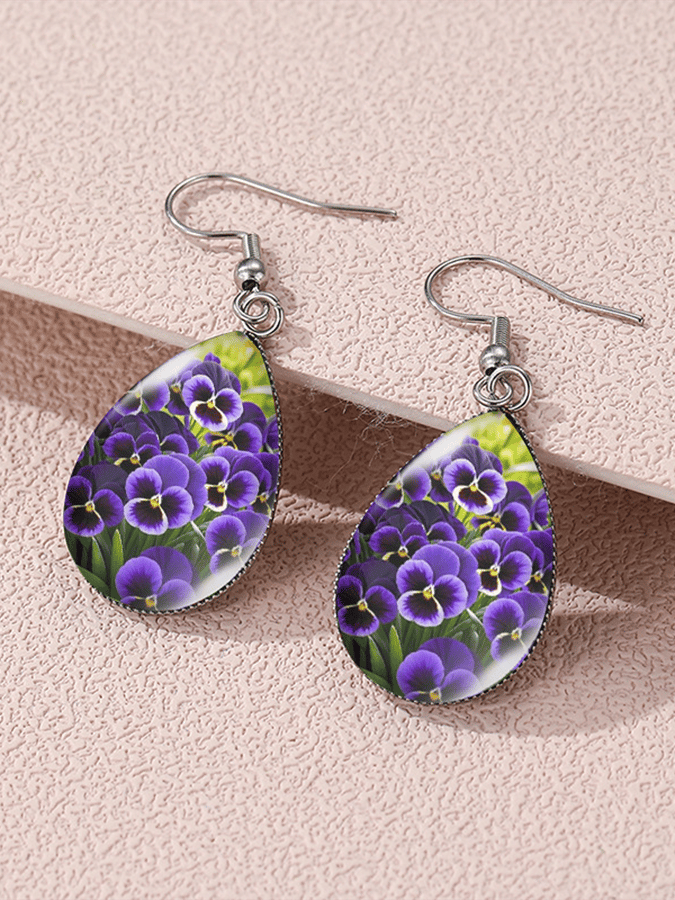 Purple Drop-Shaped Pansy Flower Design Earrings