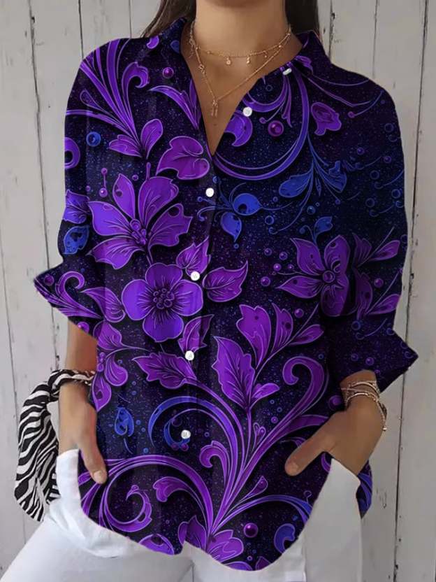 Women's Casual Purple Art Retro Star Cotton And Linen Shirt