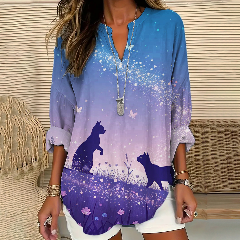 Butterfly & Cat Star Element Printed Women's V-neck Long Sleeve Shirt