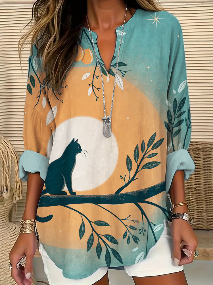 Japanese Cat Pattern Women's Linen Shirt