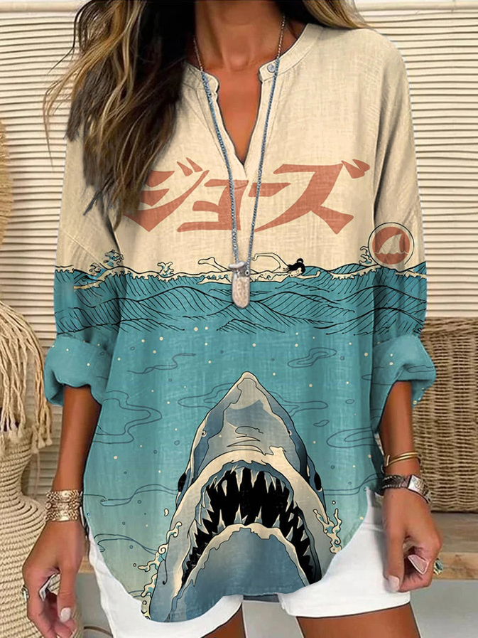 Shark Japanese Art Print Linen V-neck Shirt