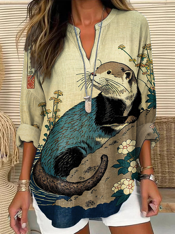 Floral Otter Water Japanese Art Print Linen V-neck Shirt