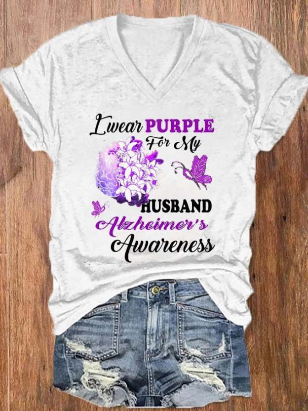 Women's I Wear Purple For My Husband Alzheimer's Disease Awareness Dementia Print V-Neck T-Shirt