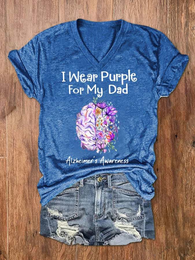 Women's I Wear Purple For My Dad Alzheimer's Awareness V-Neck Tee