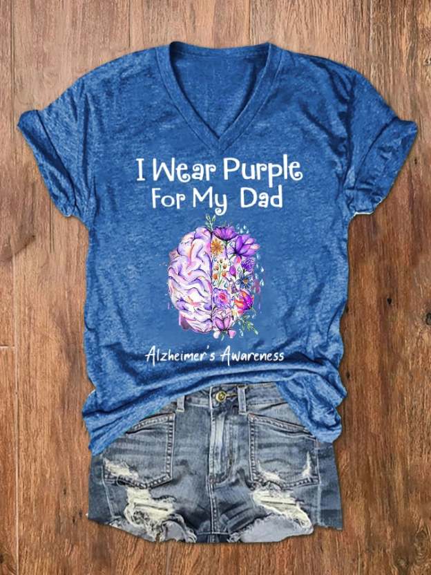 Women's I Wear Purple For My Dad Alzheimer's Awareness V-Neck Tee