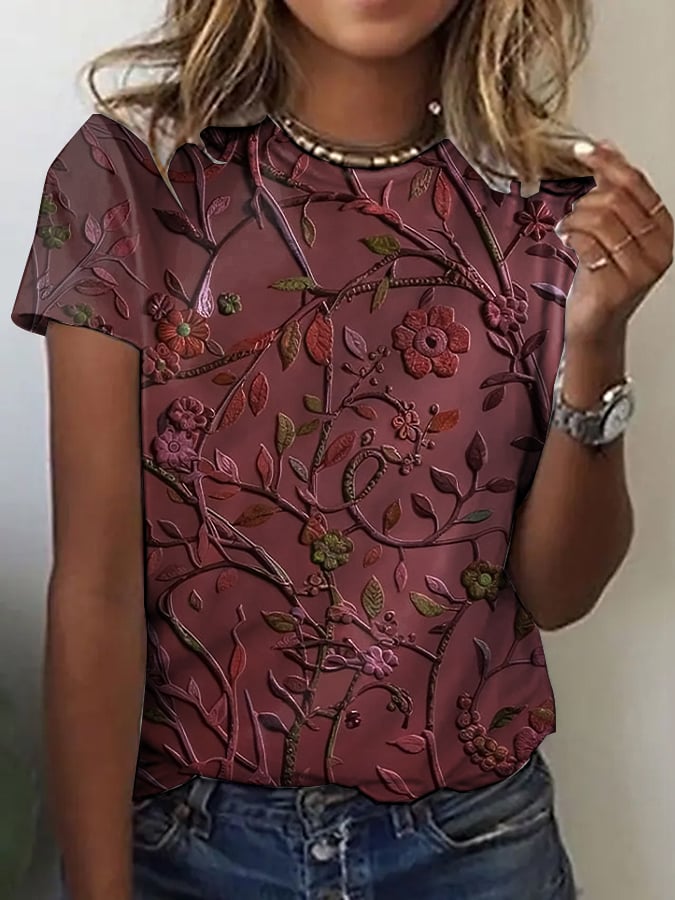 Women's Fashion Casual Retro Purple Floral Art T-Shirt