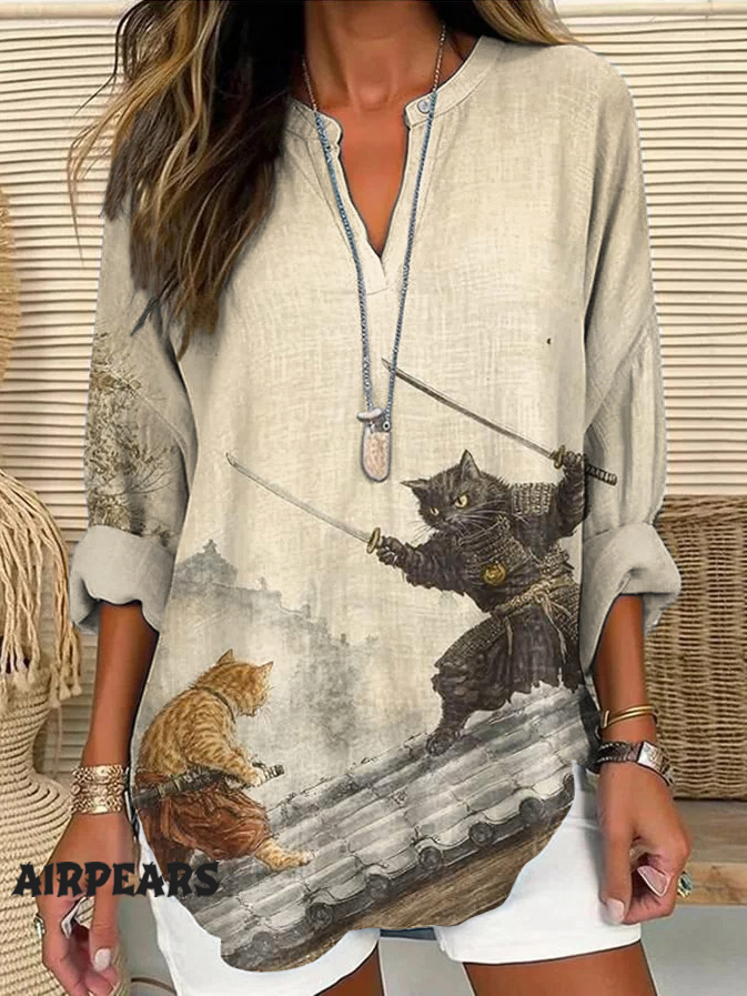 Cats at 3 am Japanese Art Pattern Linen V-neck Shirt
