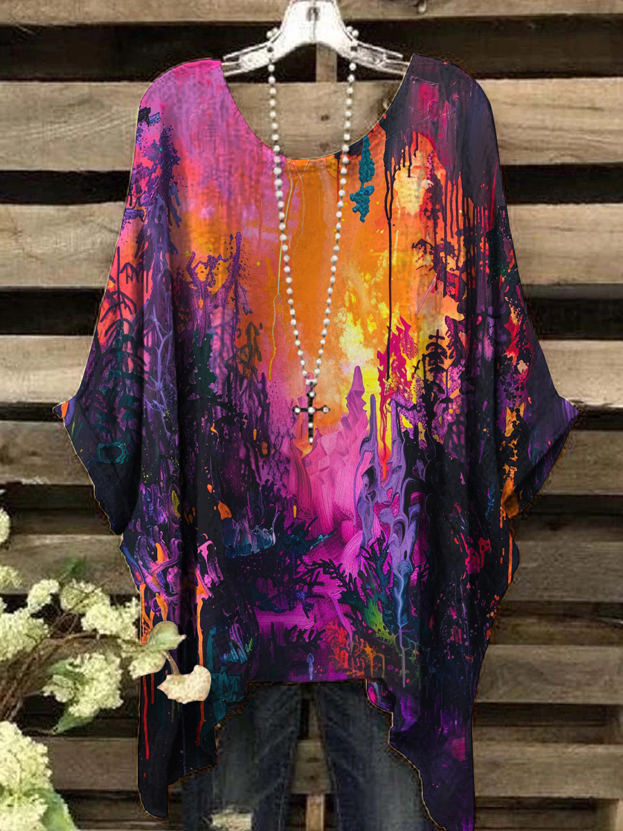 Women's Oil Painting Abstract Print Vintage Top
