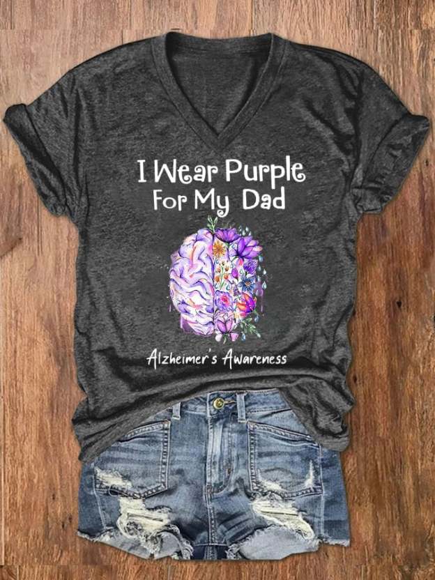Women's I Wear Purple For My Dad Alzheimer's Awareness V-Neck Tee