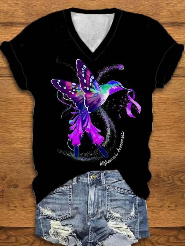 Women's Hummingbird Holding Purple Ribbon Alzheimers Awareness Print V-Neck T-Shirt