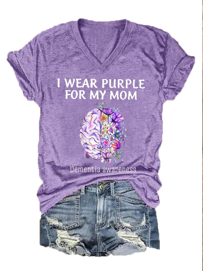 Women's I Wear Purple For My Mom Dementia Awareness Alzheimer's Disease Print V-Neck T-Shirt
