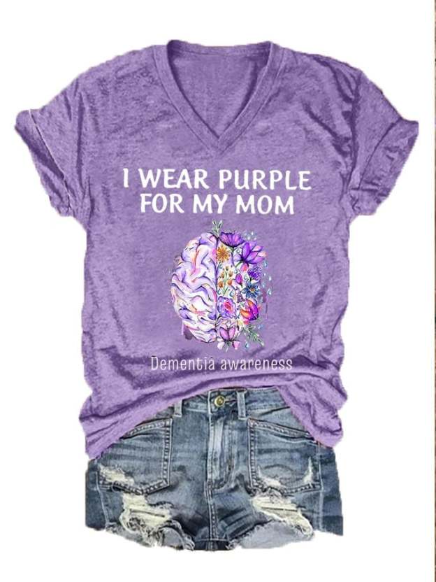 Women's I Wear Purple For My Mom Dementia Awareness Alzheimer's Disease Print V-Neck T-Shirt