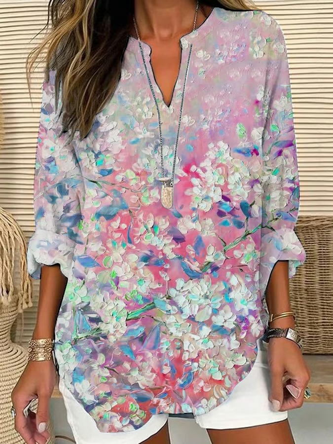 Floral Pattern Linen V-neck Shirt