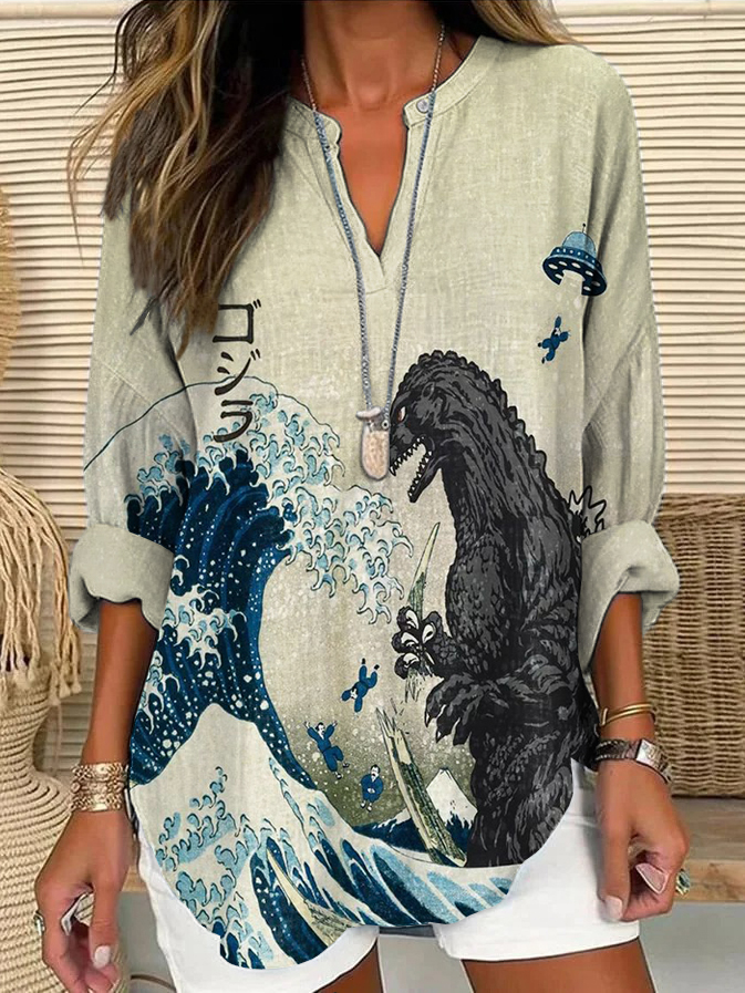 The Great Waves And Godzilla Japanese Art Print Linen V-neck Shirt