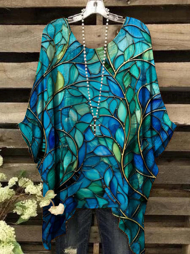 Women's Vintage Glass Window Flower Abstract Print Top