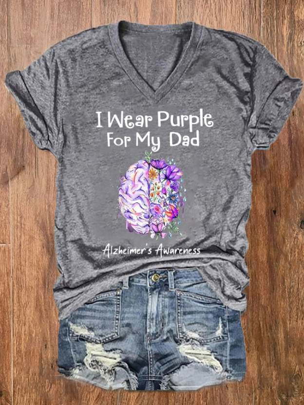 Women's I Wear Purple For My Dad Alzheimer's Awareness V-Neck Tee