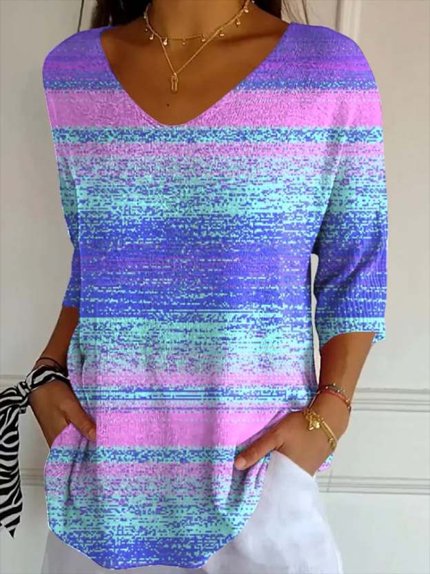 Women's Casual Retro Purple Art Striped T-Shirt