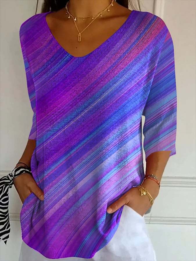 Women's Purple Art Print Striped Fabric Casual V-Neck T-Shirt
