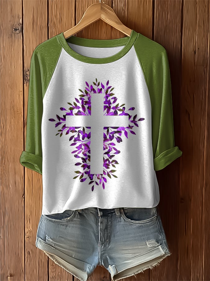 Women's Retro Purple Floral Print Raglan Sleeve T-Shirt