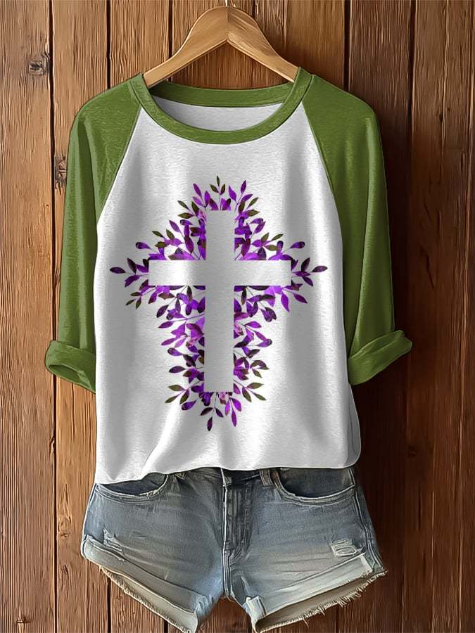 Women's Retro Purple Floral Print Raglan Sleeve T-Shirt
