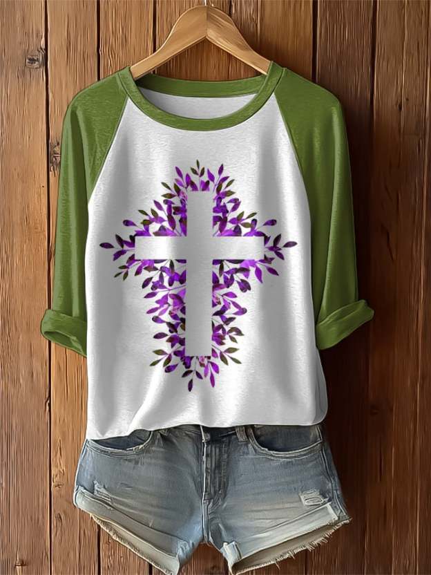 Women's Retro Purple Floral Print Raglan Sleeve T-Shirt