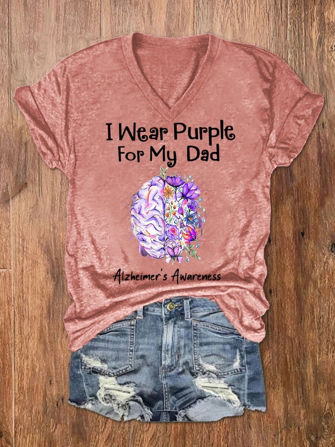 Women's I Wear Purple For My Dad Alzheimer's Awareness V-Neck Tee