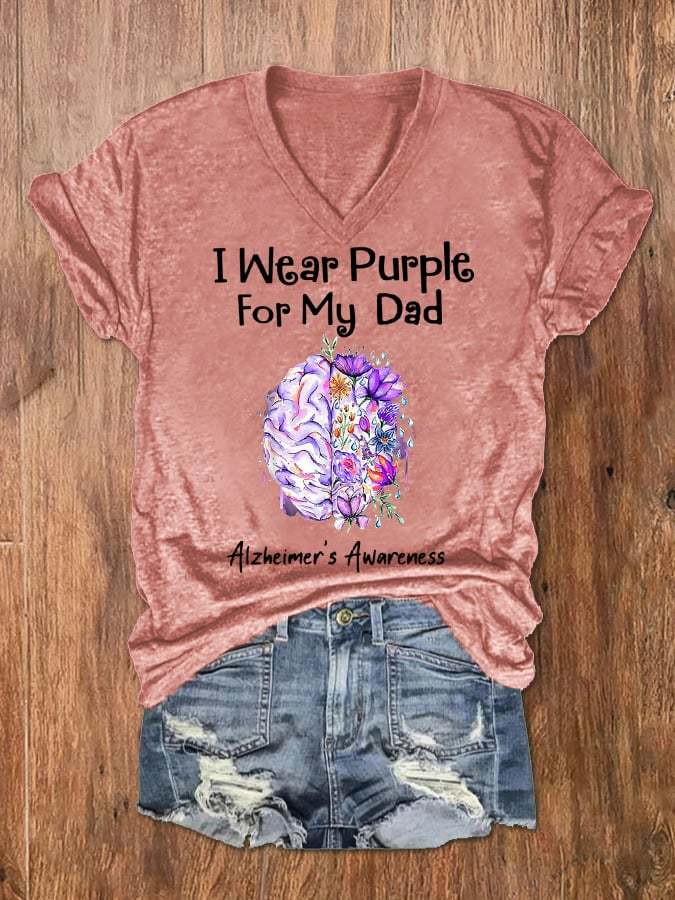 Women's I Wear Purple For My Dad Alzheimer's Awareness V-Neck Tee
