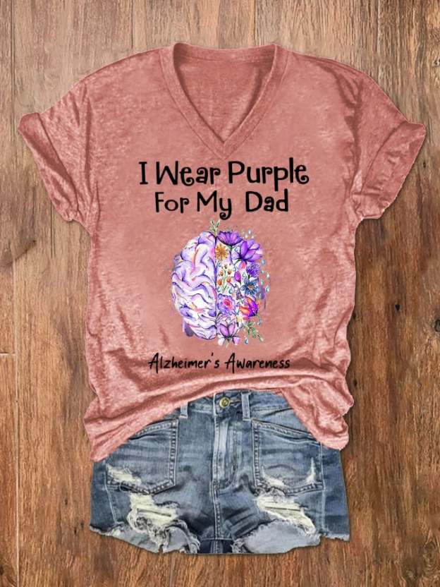 Women's I Wear Purple For My Dad Alzheimer's Awareness V-Neck Tee