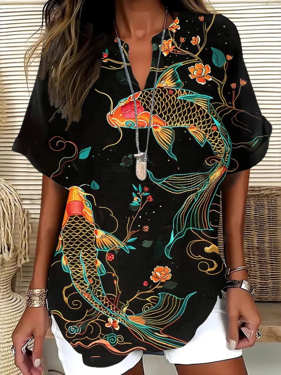 Japanese Art Flower Koi Fish Print Short Sleeve Linen V-Neck Shirt