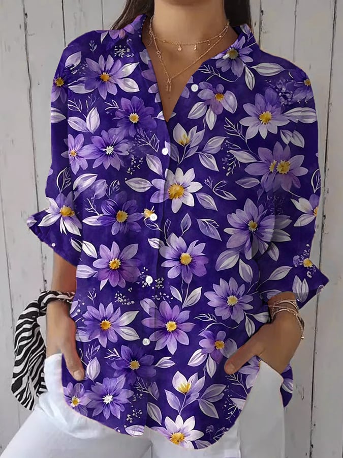 Women's Alzheimer's Purple Floral Print Slouch Lapel Shirt