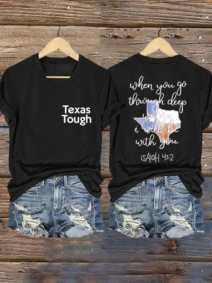 V-Neck Retro Texas Tough When You Go Through Deep Waters, I Will Be With You. Isaiah 43:2 Print T-Shirt