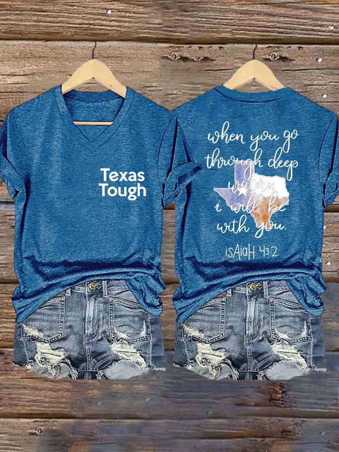 V-Neck Retro Texas Tough When You Go Through Deep Waters, I Will Be With You. Isaiah 43:2 Print T-Shirt