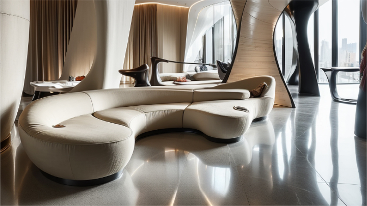 现代户外休闲区，带有绿植和舒适家具