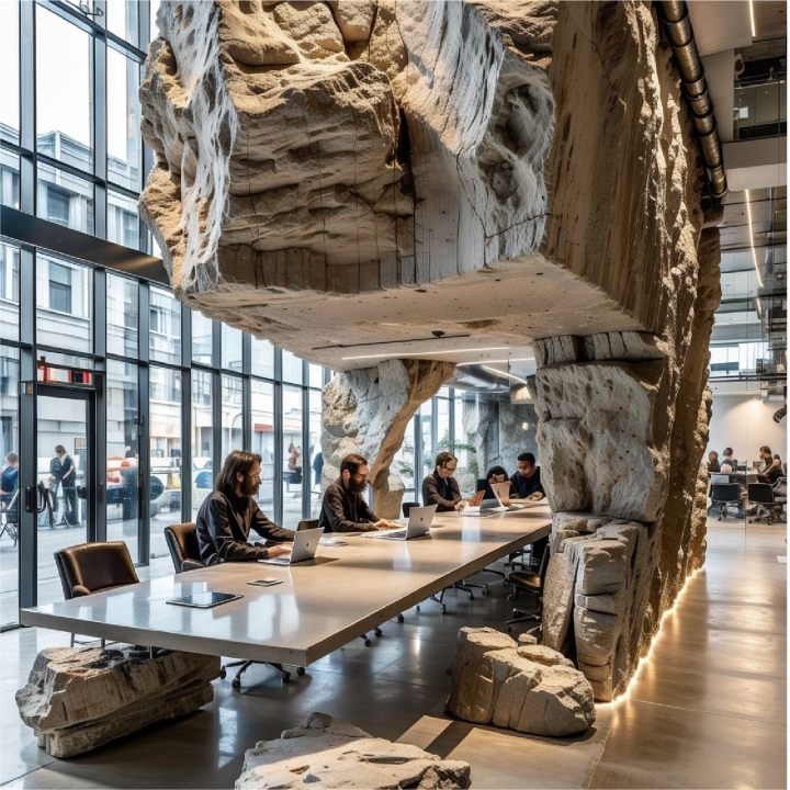 舒适的休息区，带有现代沙发和植物