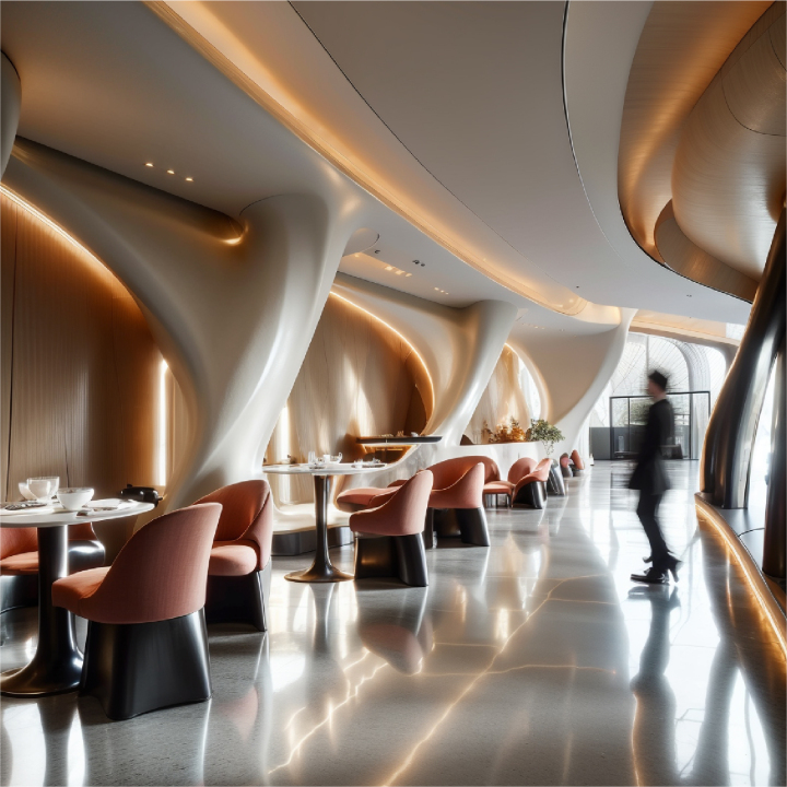 室内景观，带有大型室内植物和精美的家具