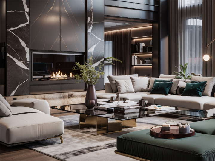 宽敞的大理石前台区，带有现代艺术装饰