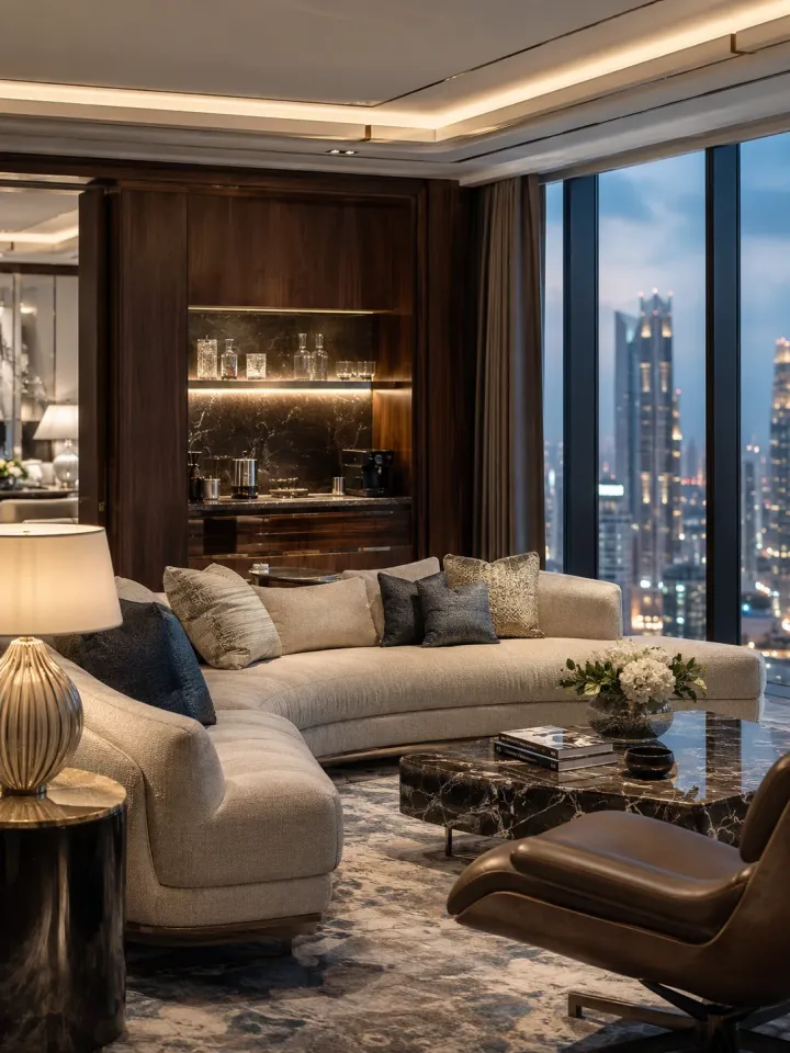 Presidential suite furniture — custom sofas, lounge chairs and premium wood veneer finishes