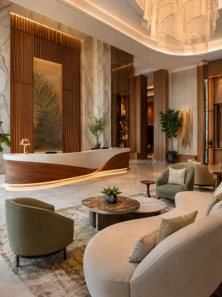 Hotel lobby furniture — marble reception desk, curved lobby sofas and public area seating