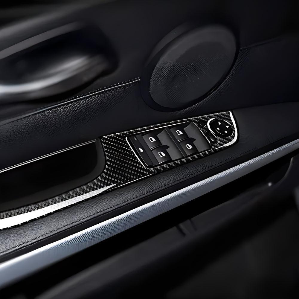 YDSSTORE Real Premium Carbon Fiber Car Window Lift Switch Panel Cover Sticker Interior Trim Compatible with BMW E90 325i 328i 330i 335i 2006-2012 Accessories Black - 378mm with Folding Button 4PCS-autoydsstore